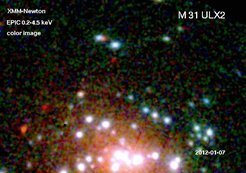 <p>This animation shows the observations of the bright X-ray source XMMU J004243.6+412519 in our neighbouring Andromeda galaxy over the course of seven months. There are a number of other variable sources in this area, but only the ULX shows the extreme brightening in X-rays and the tell-tale radio signal of a jet of energetic particles ejected from the surroundings of the stellar mass black hole.</p>