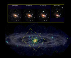 This image shows the Andromeda galaxy (also known as M31) as seen in X-rays with ESA's XMM-Newton space observatory (shown here in red, green, blue and white, according to the energy of the different sources). This X-ray view is combined with an image of Andromeda taken with ESA's Herschel space observatory at far-infrared wavelengths (shown here in grey).<br /><br />
<p>The sequence of images at the top depict the centre of Andromeda and were taken with XMM-Newton on four occasions during 2012. These images illustrate the discovery of a new source, XMMU J004243.6+412519 (highlighted with a circle).</p>