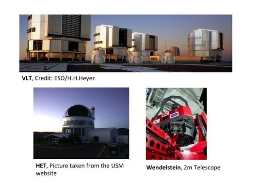 Fig.1: VLT (oberes Bild), HET (linkes unteres Bild) und das 2m Teleskop am Wendelstein (rechtes unteres Bild).