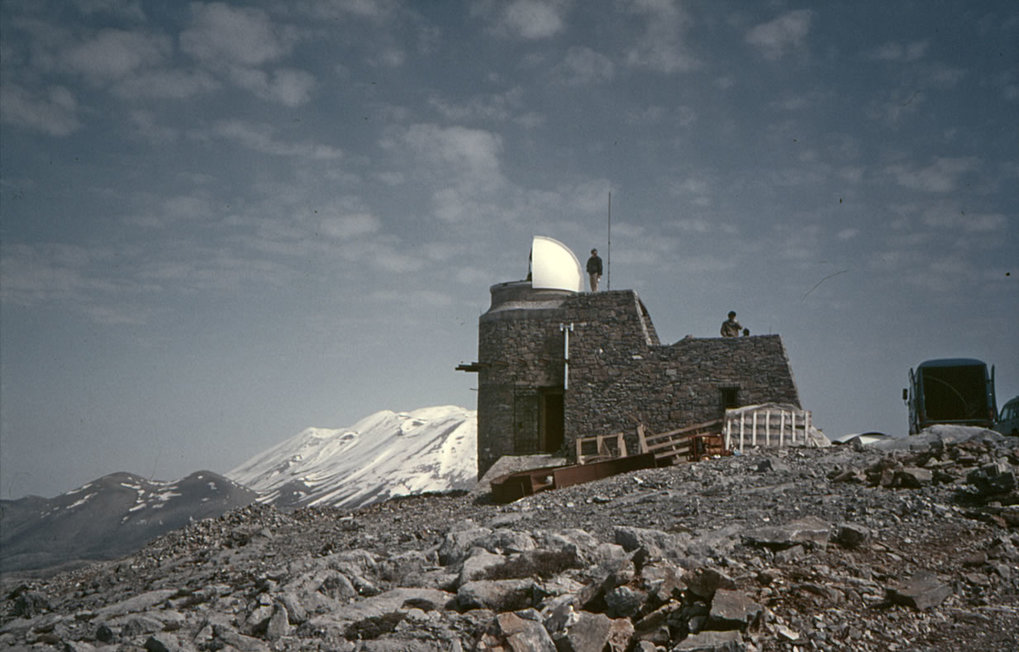 Installation of the second dome at the Skinakas Observatory. The first dome was blown off in a storm.