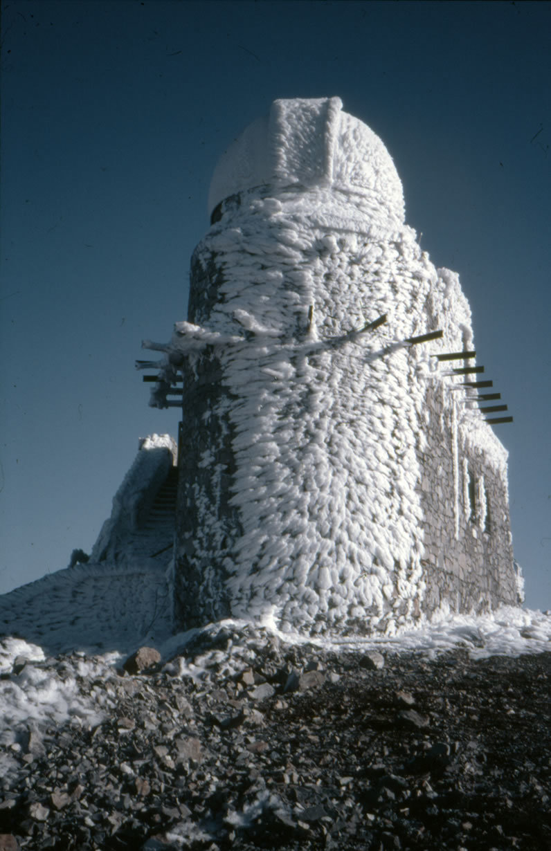 Wind and humid air from the Mediterranean Sea sometimes create bizarre ice sculptures at the observatory.