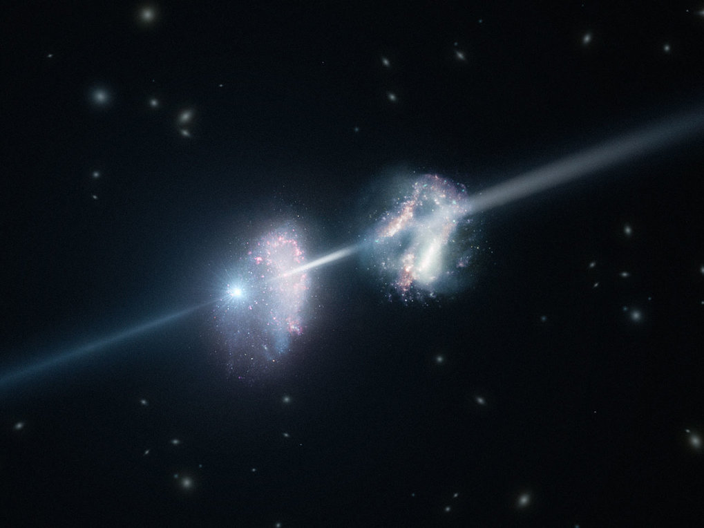 <p>Diese künstlerische Darstellung zeigt zwei Galaxien im frühen Universum. Die helle Explosion auf der linken Seite ist ein Gammastrahlenausbruch. Das Licht des GRB durchläuft auf seinem Weg zur Erde (rechts außerhalb des Bildes) beide Galaxien. Eine Analyse der Beobachtungen dieses Lichtes mit dem VLT zeigten, dass diese beiden Galaxien erstaunlich reich an schwereren chemischen Elementen sind. </p>