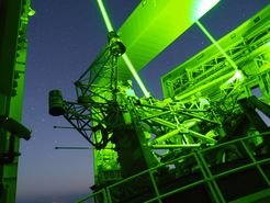 View from inside the LBT at dawn with the ARGOS lasers in operation.