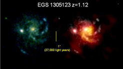 <span class="small">Zwei Ansichten einer typischen Galaxie, 5,5 Milliarden Jahre nach dem Urknall. Diese Beobachtungen zeigten zum ersten Mal deutlich, dass die molekulare Emissionslinie und die optische Strahlung der Sterne eine massereiche, rotierende Scheibe von etwa 60.000 Lichtjahren Durchmesser nachzeichnen.</span>