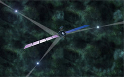 <span class="small">Artist's impression of pulsar-based navigation of space probes in deep space. The characteristic time signatures of strongly magnetised and fast spinning neutron stars, called pulsars, are used as natural navigation beacons to determine the position and velocity of a spacecraft.</span>