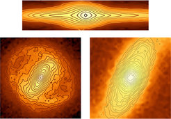 <span class="small"><strong>Abbildung 3:</strong> Computermodell einer Scheibengalaxie ähnlich der Milchstraße. Das Bild oben zeigt eine Seitenansicht der Simulation, wie man die Galaxie von der Position der Erde aus sehen würde. Im Bild links ist die gesamte Simulation mit einer Größe von 50 000 Lichtjahren pro Seite dargestellt, das Bild rechts zeigt einen Ausschnitt mit 16 000 Lichtjahren pro Seite. Links erkennt man die längliche Verzerrung des Balkens, der an seinen Enden mit den Spiralarmen wechselwirkt. Das Bild rechts zeigt die Strukturänderung im Zentrum, wo die Sterne eine rundere Verteilung um das Zentrum haben.</span>