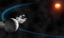 Artists illustration of the asteroid Ceres on its orbit around the sun - including water vapour.
