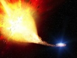 <p>Künstlerische Darstellung eines Binärsystems, in dem Masse von einem Begleiter auf einen weißen Stern Zwerg übertragen wird. Sobald sich genügend Materie auf der Oberfläche des Zwergsterns angesammelt hat, kann dies eine Kernexplosion auszulösen, die wiederum das katastrophale Kernbrennen und die Zerstörung des weißen Zwergsterns entzündet: eine Supernova vom Typ Ia.</p>