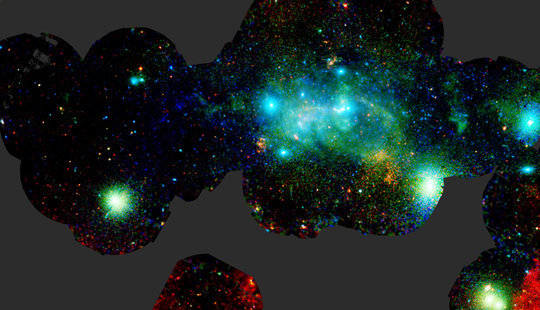 X-ray broad-band mosaic image of more than a hundred individual XMM-Newton observations within the central degree of the Milky Way. The colours indicate observations at different energies; this map covers a region about one thousand light years across. In addition to the X-ray emission from the regions around the supermassive black hole at the centre of the Milky Way this map reveals X-ray binaries, star clusters, supernova remnants, bubbles and superbubbles, non-thermal filaments and many other sources.