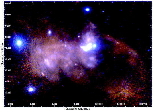 Zoom into the central 100 light years of the Milky Way centre, where here only the soft X-ray emission is shown. The Galactic black hole and its surrounding emission are located in the brightest central region of the image, and the bipolar lobes appear above and below that location.