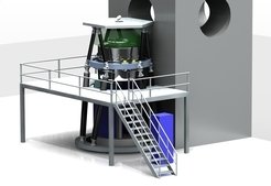 Illustration of how MICADO might look at the E-ELT pre-focal station during a stand-alone phase. The cryostat, fed by light from folded down from the telescope optical axis 6m above the Nasmyth platform. It is mounted above the co-rotating electronics cabinets, and can be accessed via a service platform.