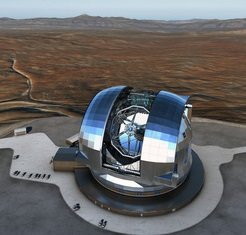 <p>An artist's rendering of the European Extremely Large Telescope (E-ELT) in the Chilean Atacama Desert. Construction started in 2014 and first light is targeted for 2024.</p>