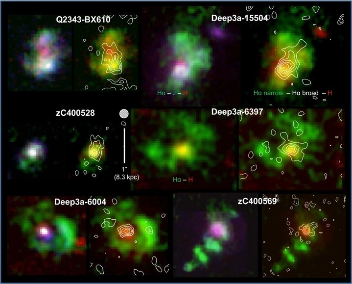 Adaptive optics assisted near-infrared integral field spectroscopy shows broad emission line components (white contours) superposed on the central region of massive z~2 star forming galaxies. The broad components extend over 2-3kpc and most likely indicate AGN-driven outflows.