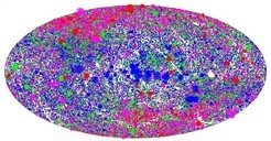 <p>This projection shows the sky distribution of 2RXS sources in Galactic coordinates. The size of each dot scales with the source count rate (brightness) and the colour represents the X-ray colour.</p>