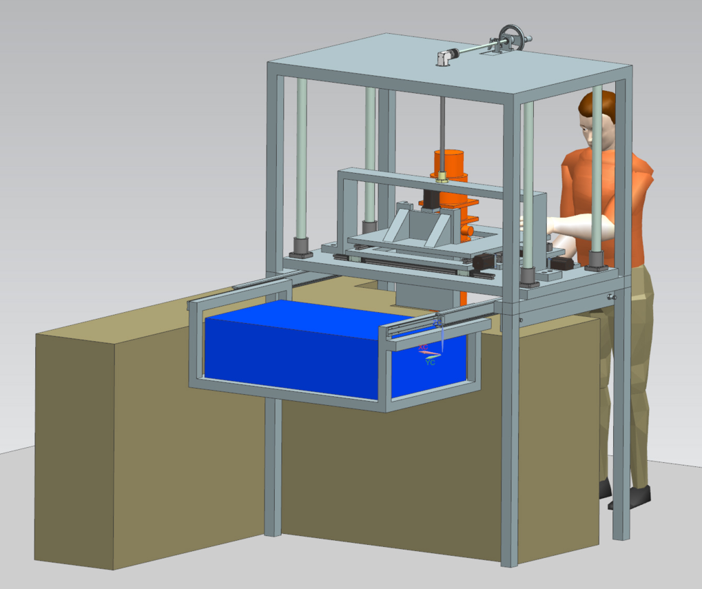 Computer-generated diagram of the FTIR/THz TDS rack system. The THz TDS instrument (blue) is shown mounted next to the FTIR spectrometer (tan), above which is situated a rack system capable of easily transferring a closed-cycle cryostat (orange). This rack system allows for the ease of measuring an ice sample at multiple wavelengths in near-realtime.