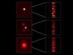 <p>The images at the top show the unresolved star S2 and the data obtained with GRAVITY (interferometric fringes) next to it. The images below are for resolved stars: several sources (middle) and an extended source (bottom). In these cases, the fringes are increasingly blurred; this case can be excluded from the data.</p>