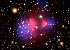 <p>This image shows the ‘bullet cluster’ in X-rays, one of the galaxy clusters analysed in the recent sample.</p>