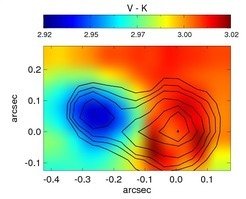 <p>This zoomed image shows the difference in colour (V and K bands) of the central region after the subtraction of the central point source. The contours correspond to the brightness in the HST image. The second nucleus is clearly visible, and is slightly bluer than the rest of the galaxy, indicating a younger stellar population.</p>