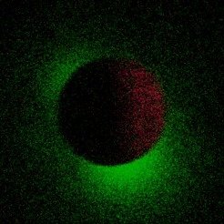 <p>Im Zentrum des Bildes ist der dunkelrote Mond zusehen, der die helle Röntgenquelle Sco-X1 bedeckt. Durch diese sehr seltene Konstellation kann der schwache Röntgenhalo (in grün) von Sco-X1 direkt beobachtet werden.</p>