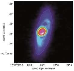 <p>This radio image obtained with ALMA shows the intensity of the dust continuum emission of BHB07-11. The contrast between the disk and the envelope including spirals is clearly visible.</p>