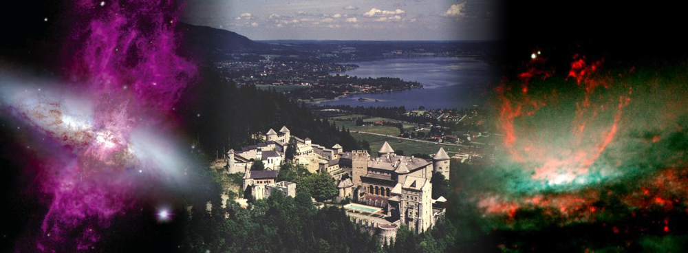 Ringberg castle over lake Tegernsee, surrounded by an H-alpha image of M82 (Smith, Gallagher & Westmoquette) and an HST image of NGC 3079 (NASA).