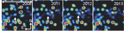 Series of infrared images showing the central region of our Milky Way galaxy. The gas cloud (indicated by an arrow) is unambiguously detected up to 2012, in the latest images however its surface brightness is too low for a firm detection.