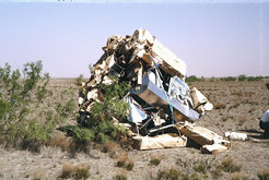 Rough landing. As the parachute did not separate after touch down due to strong winds, the gondola was torn for some miles through the Texan desert.