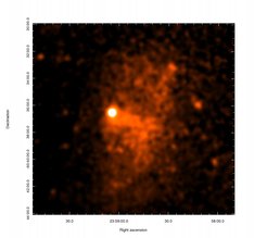 X-ray image of the galaxy cluster RXCJ2359.5-6042 in the 0.5 to 2 keV energy band, which shows signs of the merger of a small, compact system (with a bright core on the left) with the main, extended cluster. The sharp edge of X-ray emission towards the left is probably the effect of a shock, which itself is not clearly visible. The cone shape of this feature is consistent with a low Mach number impact and an infalling speed of the bullet-like compact cluster of typically 1000 kilometres per second. (Note that distances and velocities in space are often much larger than on Earth: here an actual bullet has a velocity of only a few hundred metres per second).