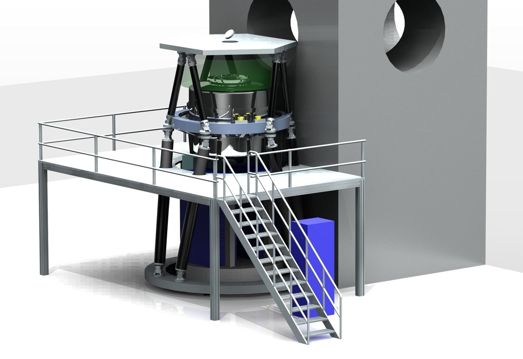 Illustration of how MICADO might look at the E-ELT pre-focal station during a stand-alone phase. The cryostat, fed by light from folded down from the telescope optical axis 6m above the Nasmyth platform. It is mounted above the co-rotating electronics cabinets, and can be accessed via a service platform.