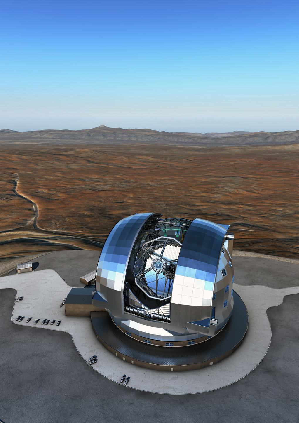 <p>Künstlerische Darstellung des das European Extremely Large Telescope (E-ELT) in der Atacama-Wüste in Chile. Baubeginn war 2014, die ersten astronomischen Aufnahmen werden 2024 erwartet.</p>
