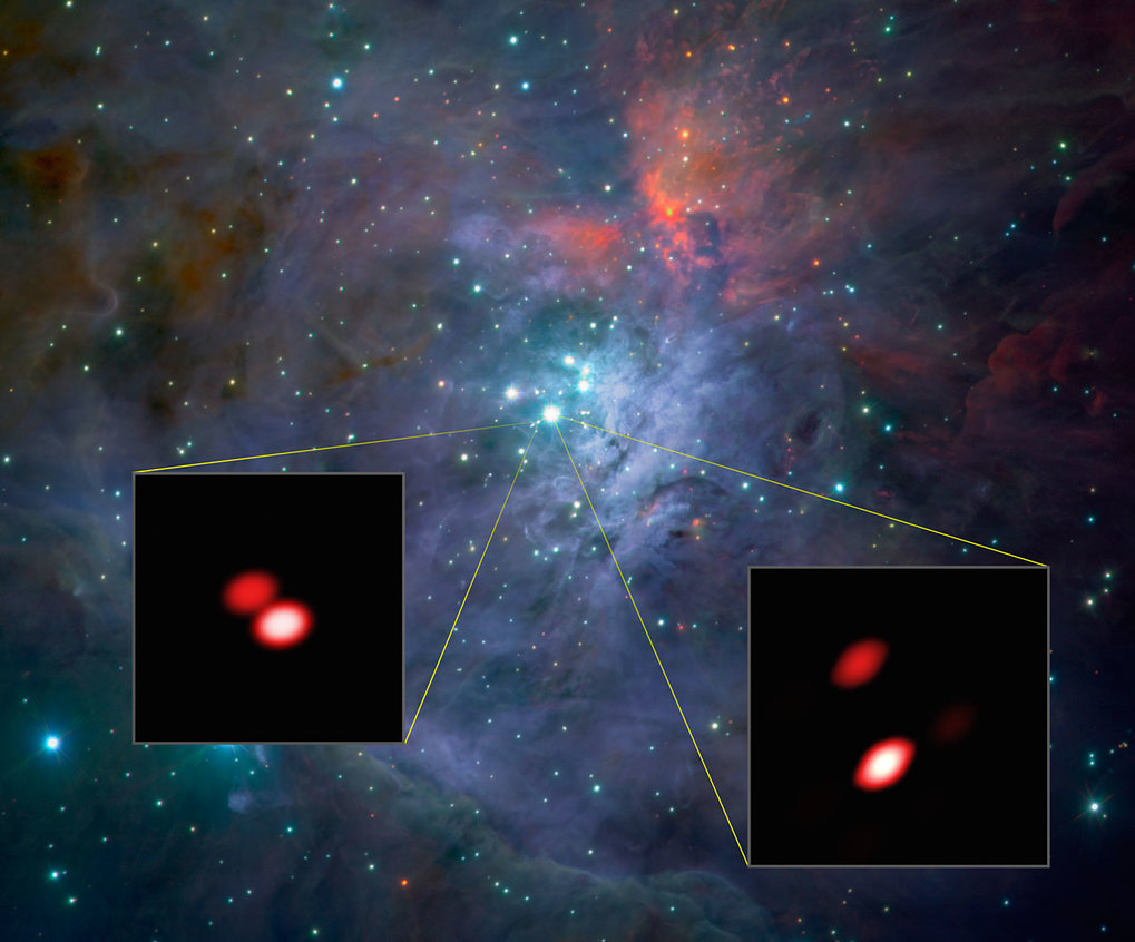 Im Zuge der ersten Beobachtungen mit dem neuen GRAVITY-Instrument untersuchte das Team die hellen, jungen Sterne im Trapez-Haufen, im Herzen der Sternentstehungsregion im Orionnebel. Schon mit diesen ersten Daten gelang GRAVITY eine Entdeckung: einer der Sterne in diesem Haufen (Theta Orionis F) ist in Wahrheit ein Doppelstern.