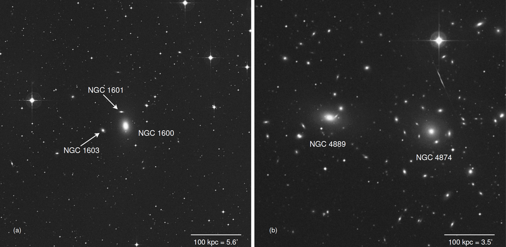 <p>The elliptical galaxy NGC 1600 (left) harbours a very massive black hole with 17 billion times the mass of the Sun. Unlike other galaxies, where very massive black holes have been found (like NGC 4889, right), it is the largest of a small group of galaxies and not in a rich cluster.</p>