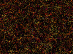 This is one slice through the map of the large-scale structure of the Universe from the Sloan Digital Sky Survey and its Baryon Oscillation Spectroscopic Survey. Each dot in this picture indicates the position of a galaxy 6 billion years into the past. The image covers about 1/20th of the sky, a slice of the Universe 6 billion light-years wide, 4.5 billion light-years high, and 500 million light-years thick. Colour indicates distance from Earth, ranging from yellow on the near side of the slice to purple on the far side. Galaxies are highly clustered, revealing superclusters and voids whose presence is seeded in the first fraction of a second after the Big Bang. This image contains 48,741 galaxies, about 3% of the full survey dataset. Grey patches are small regions without survey data.