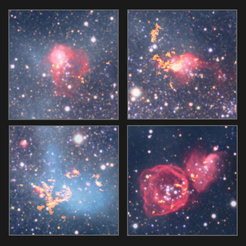 Diese Montage zeigt vier sternbildende Gaswolken in NGC 6822, die mit ALMA in beispielloser Auflösung beobachtet wurden. Die Daten zeigen, dass die beobachteten Moleküle im Gegensatz zu unserer eigenen Galaxie in kleinen, dichten Kernen konzentriert sind.