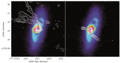 Here, observations of the CO molecular lines are shown on top of the dust emission. The emission by the molecules is slightly shifted to longer or shorter wavelengths depending on the velocity of the material relative to the observer. Therefore the panel on the left shows material moving towards us (blue lobe), while the panel right shows motion away from us (red lobe). The launch sites are at the edge of the disk and both outflows are asymmetric.