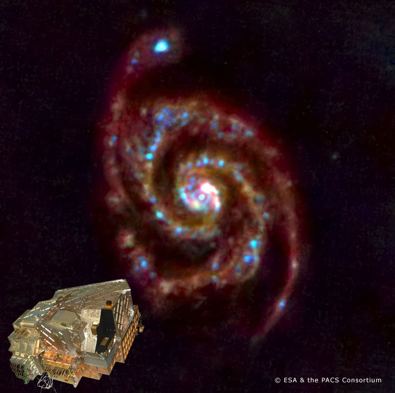 Herschel öffnete seine “Augen” am 14. Juni 2009 und PACS (kleines Bild) machte diese Aufnahme von M51, der „Whirlpool-Galaxie“, als erste Testbeobachtung.