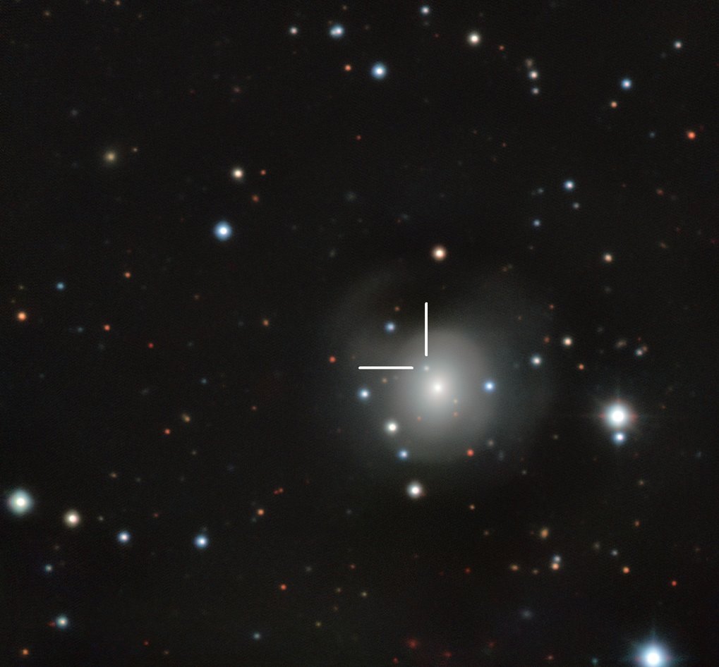 <p>GROND image of the galaxy NGC 4993 in the constellation Hydra, about 130 million light-years from Earth, where the two neutron stars exploded as a so-called kilonova. Such objects are the main source of very heavy chemical elements, such as gold and platinum, in the Universe.</p>