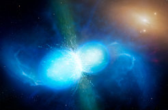 Diese künstlerische Darstellung zeigt zwei kompakte, sehr dichte Neutronensterne zum Zeitpunkt ihrer Verschmelzung und der anschließenden Explosion als Kilonova. Ein derartiges Ereignis erzeugt sowohl Gravitationswellen als auch einen kurzen Gammastrahlenausbruch, die beide am 17. August 2017 von LIGO-Virgo bzw. Fermi/INTEGRAL beobachtet wurden.
