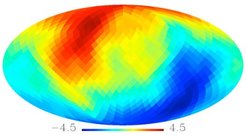 Karte einer der Statistiken, die eingesetzt wird um nach nicht-Gaussianitäten in den WMAP-Daten zu suchen. Die Farbcodierung in dieser Karte für die größten Skalen zeigt an, dass es sehr signifikante Signaturen für nicht-Gaussianitäten und Asymmetrien gibt. Weitere unabhängige Untersuchungen werden zeigen, ob der kosmologische Ursprung des Signals bestätigt wird.
