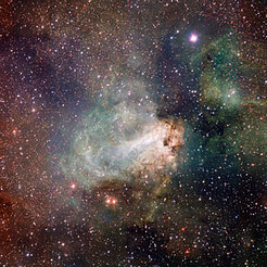 A) VST image of the star-forming region Messier 17: This image from the VLT Survey Telescope (VST) shows the spectacular star-forming region Messier 17, also known as the Omega Nebula or the Swan Nebula. This vast region of gas, dust and hot young stars lies in the heart of the Milky Way in the constellation of Sagittarius (The Archer). The VST field of view is so large that the entire nebula, including its fainter outer parts, is captured - and retains its superb sharpness across the entire image. Credit: ESO/INAF-VST/OmegaCAM