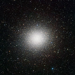B) VST image of the giant globular cluster Omega Centauri: This portrait from the VLT Survey Telescope (VST) shows the globular star cluster Omega Centauri in the constellation of Centaurus (The Centaur). This is the largest globular cluster in the sky, but the very wide field of view of VST and its powerful camera OmegaCAM can encompass even the faint outer regions of this spectacular object. This view includes about 300 000 stars.