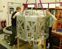 The integrated structure is being prepared for insertion into the LUCIFER cryostat