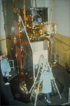 ROSAT in its flight position, with the solar panels unfolded.