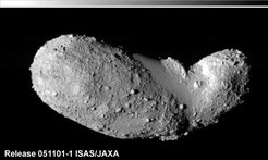 Abb. 3: Der Kleinplanet 2005 YU55 könnte so ähnlich aussehen wie der Asteroid Itokawa, dem die japanische Weltraumsonde Hayabusa 2005 einen Besuch abstattete. Insbesondere dürfte 2005 YU55 ebenfalls aus einer losen Ansammlung von Geröll bestehen.