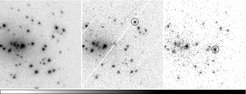 X-ray images of the central area of M 31: Left: Combined XMM-Newton EPIC PN, MOS1 and MOS2 low background image of the central area of M 31 (0.2-4.5 keV, Jun 2000 - Jan 2002, ~100 ks exposure, see Pietsch, Freyberg & Haberl 2005). Middle: XMM-Newton EPIC PN 0.5-5 keV image from Aug 9, 2006 (~20 ks exposure), performed as one of the observations of the XMM-Newton/Chandra nova monitoring program of the central area of M31. The transient XMMU J004215.8+411924 is marked by a circle with 30 arcsec radius. Right: Swift XRT 0.5-5 keV image from Sep 1, 2006 (~6 ks exposure). The transient SWIFT J004217.4+411532 is marked by a circle with 30 arcsec radius. XMMU J004215.8+411924 is also clearly visible.