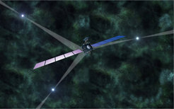 Artist's impression of pulsar-based navigation of space probes in deep space. The characteristic time signatures of strongly magnetised and fast spinning neutron stars, called pulsars, are used as natural navigation beacons to determine the position and velocity of a spacecraft.