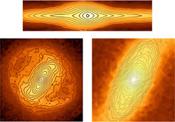 Abbildung 3: Computermodell einer Scheibengalaxie ähnlich der Milchstraße. Das Bild oben zeigt eine Seitenansicht der Simulation, wie man die Galaxie von der Position der Erde aus sehen würde. Im Bild links ist die gesamte Simulation mit einer Größe von 50 000 Lichtjahren pro Seite dargestellt, das Bild rechts zeigt einen Ausschnitt mit 16 000 Lichtjahren pro Seite. Links erkennt man die längliche Verzerrung des Balkens, der an seinen Enden mit den Spiralarmen wechselwirkt. Das Bild rechts zeigt die Strukturänderung im Zentrum, wo die Sterne eine rundere Verteilung um das Zentrum haben.