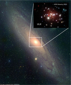Dieses Bild zeigt den zentralen Bereich der Andromeda-Galaxie im Röntgenlicht; die neu entdeckte ULX überstrahlt alle anderen Quellen.