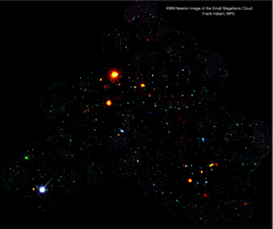 Full XMM-Newton, EPIC PN+MOS mosaic image of the SMC region including all observations available as of December 2013. The red, green and blue images are produced from ata in the energy bands 0.2-1.0 keV, 1.0-2.0 keV and 2.0-4.5 keV. The images are detector-background subtracted, exposure and vignetting corrected (and out-of-time event subtracted for PN). The image shows many point sources, extended supernova remnants and large-scale diffuse emission.