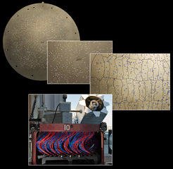 The hardware that the SDSS used to measure distances to the thousands of galaxies in Data Release 9.
The bottom image shows The Sloan Foundation Telescope. The top left image shows the metre-wide aluminium plate that the SDSS uses to measure more than 600 galaxy spectra at once. Each hole in the plate matches the position of a star or galaxy. A fiber optic cable (red and blue in the bottom image) connects each hole to the SDSS spectrograph.